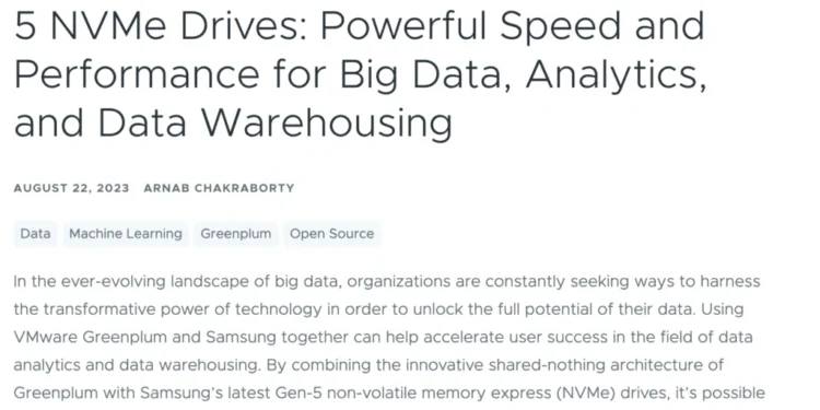 VMware Greenplum on Samsung’s Gen-5 NVMe Drives: Powerful Speed and Performance for Big Data, Analytics, and Data Warehousing
